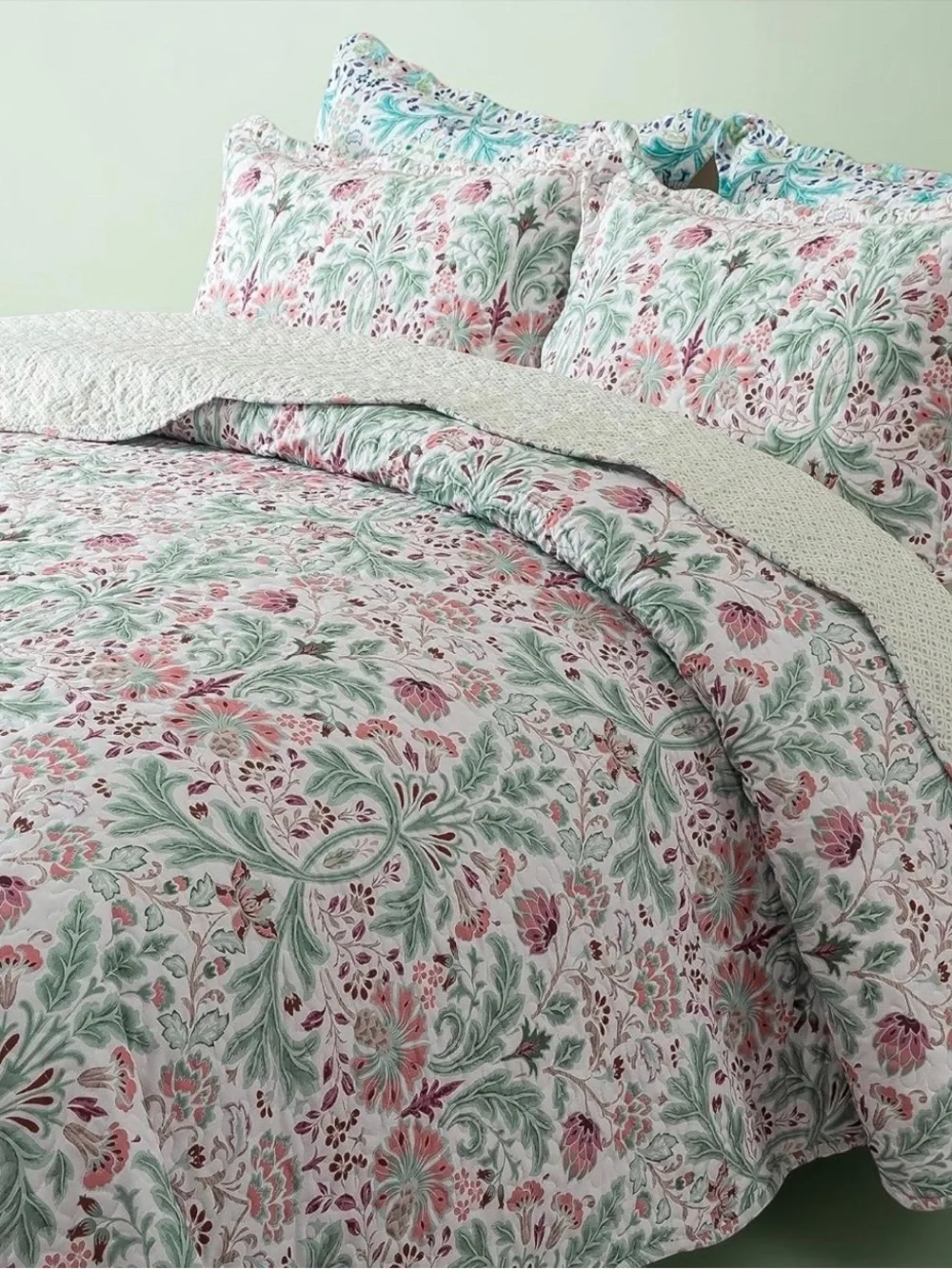 NEW Anthro Green & Pink Floral Reversible Boho Queen King Bedding Quilt Sham Set